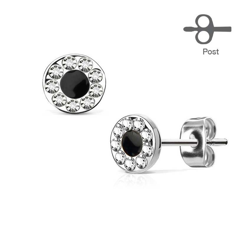 MJ-EA-019 Pair of Channel Set CZ Round with Black Center 316L Surgical Steel Post Earring Studs
