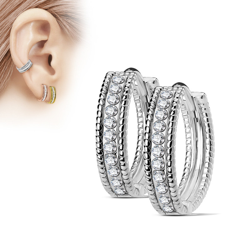 MJ-EB-003 Pair of Beaded Edges Dome Center with Channel Set Lined CZ 316L Surgical Steel Post Hoop Earrings