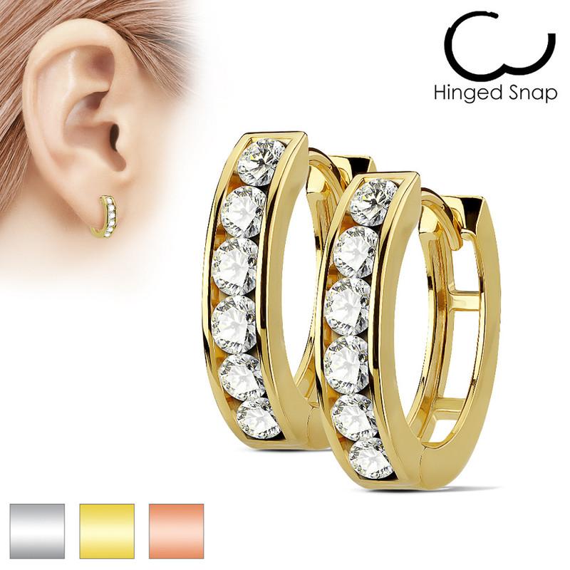 MJ-EB-004 Pair of Channel Set Lined CZ 316L Surgical Steel Post Hoop Earrings