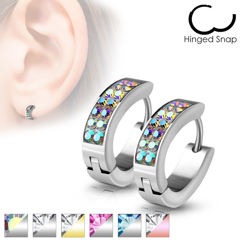 MJ-SE7067 Pair of Lined Set Crystals Front Oval Shape Stainless Steel Hoop/Huggie Earrings