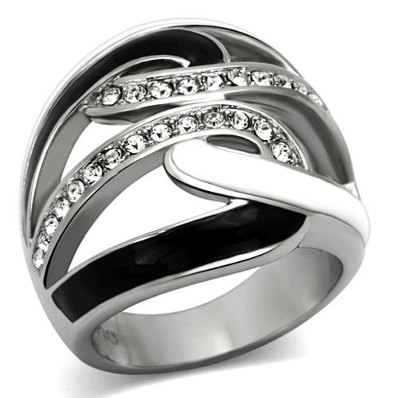 Women's Black & White Epoxy AAA Grade Crystal Stainless Steel Ring Size 5-10
