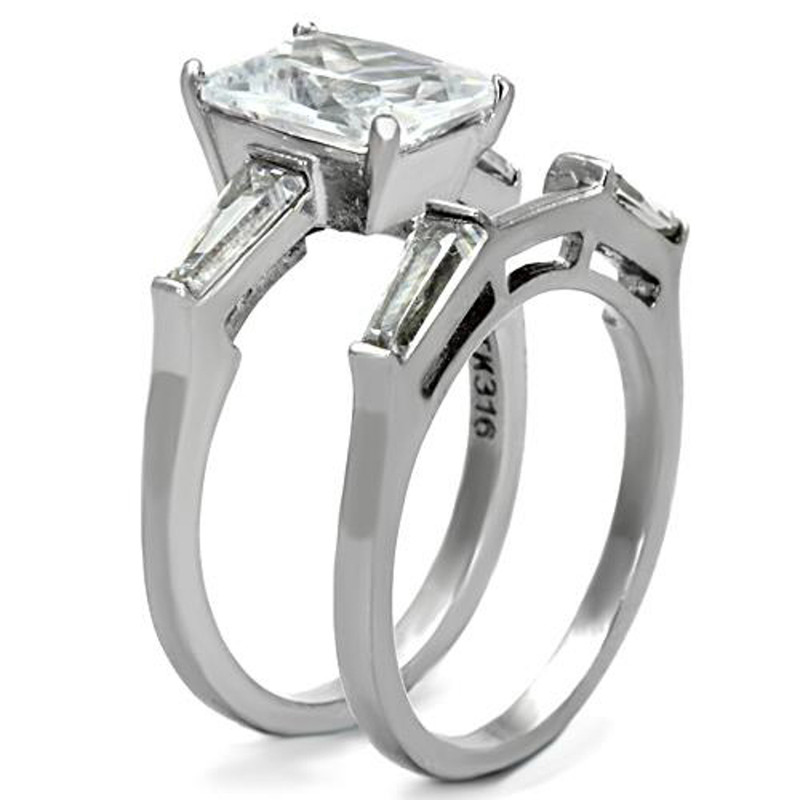 ARTK1229 Stainless Steel 4.45 Ct Emerald Cut Zirconia Engagement Wedding Ring Set Sz 5-10