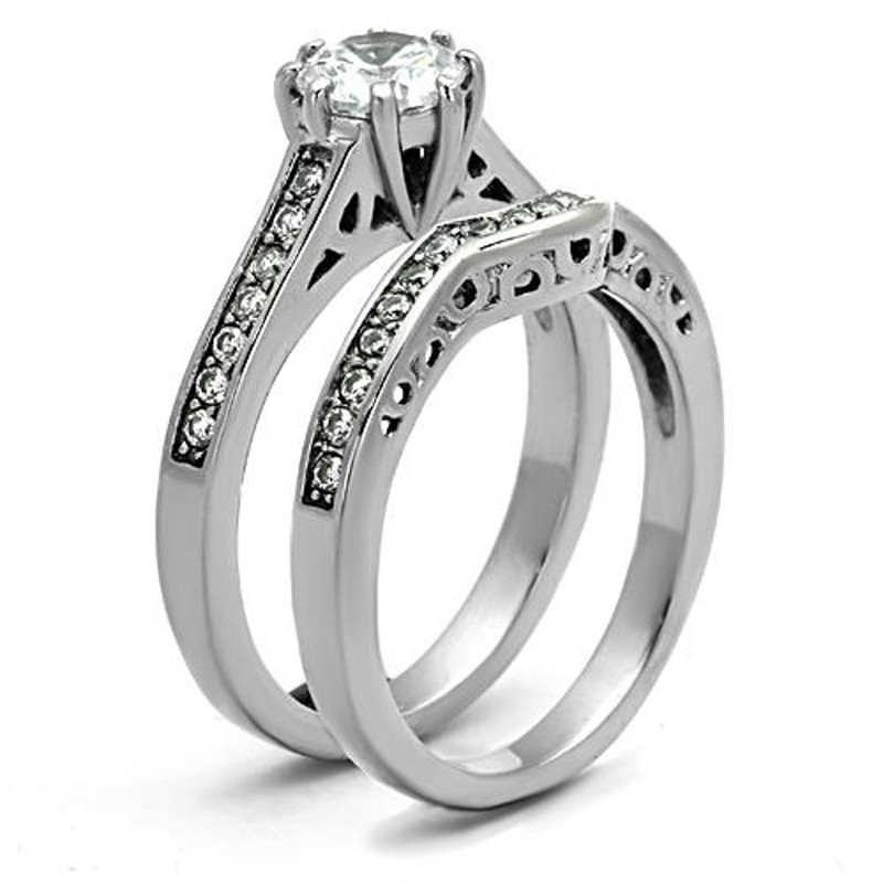 ARTK1330 Stainless Steel 316l 1.85 Ct Cubic Zirconia Wedding Ring Set Women's Size 5-10