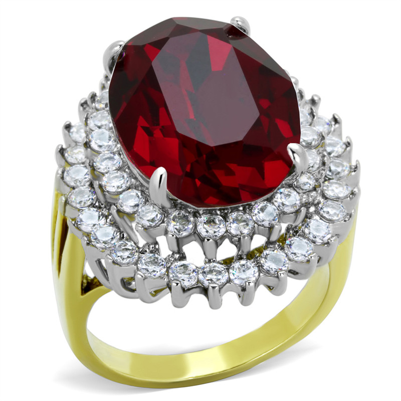Stainless Steel 2 Color Bezel-Set Oval Spiral Vine Cocktail Ring with Faceted Light Siam Red CZ