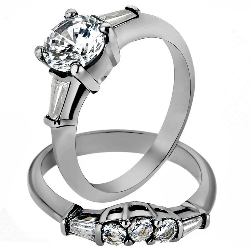 1.95 Ct Round Cut AAA CZ Stainless Steel Wedding Ring Set Women's Size 5-10