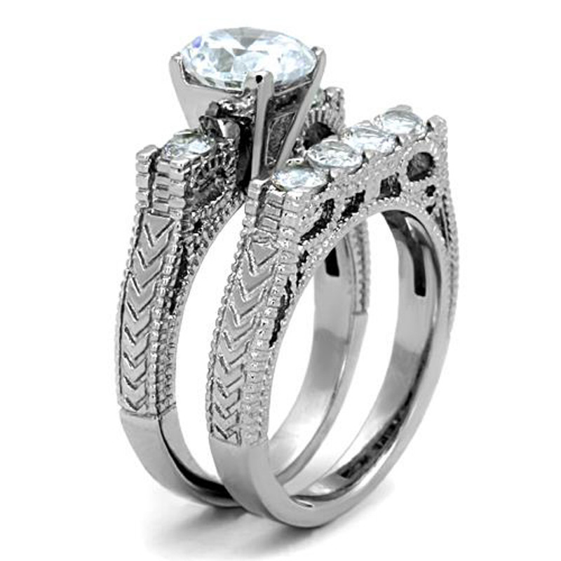 ARTK5X019 Stainless Steel 316 2.95 Ct Round Cut Zirconia Vintage Wedding Ring Set Sz 5-10