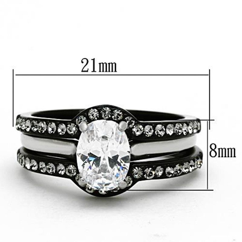 2.15 Ct Oval Cut CZ Black Stainless Steel Wedding Ring Set Women's Size 5-10