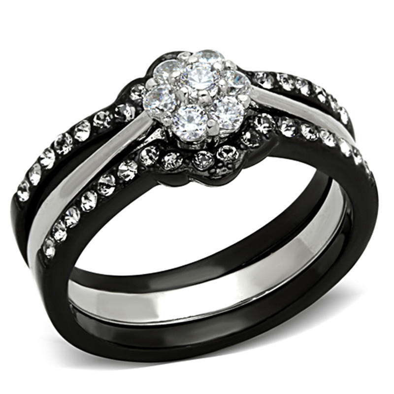1.85 Ct Round Cut CZ Black Stainless Steel Wedding Ring Set Women's Size 5-10