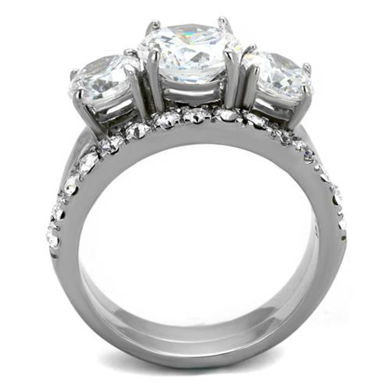ARTK2177 Stainless Steel 4.17 Ct Round Cut 3 Stone Engagement & Wedding Ring Set Size 5-10
