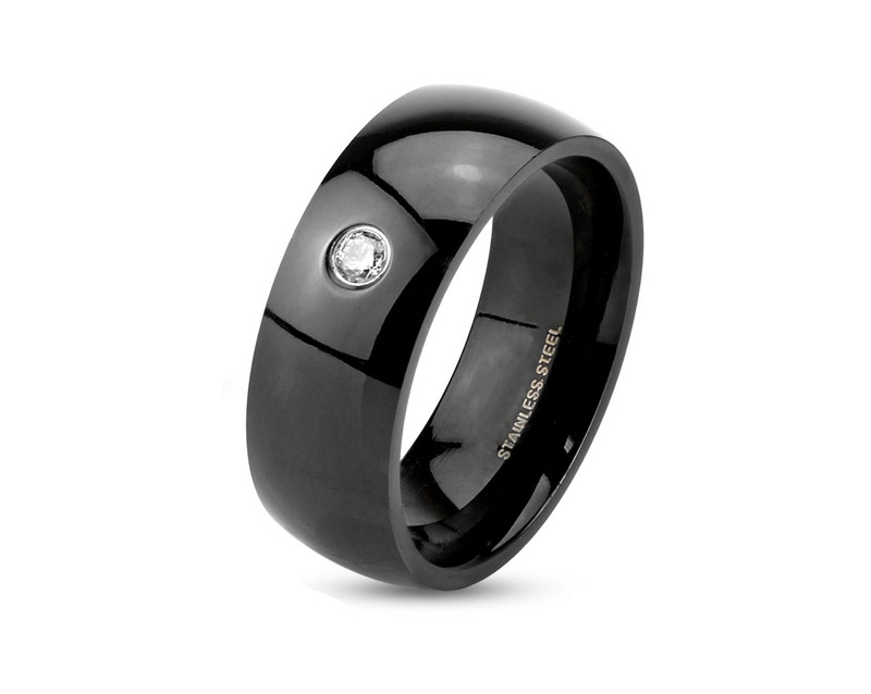 Stainless Steel Black Wedding Band with Cubic Zirconia, 6 or 8mm Width Size 5-14