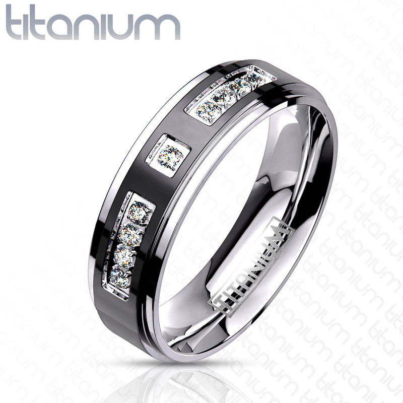 ARTI4317 Solid Titanium Two-Tone Black IP Center Simulated Diamond Wedding Band Size 5-13