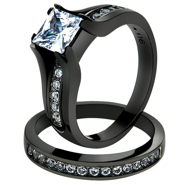Stainless Steel 2.10 Ct Princess Cut Zirconia BlackWedding Ring Set Womens Size 5-10