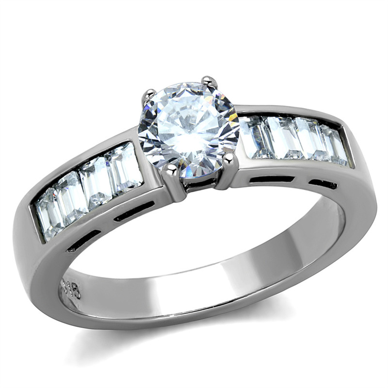 1.64 CT ROUND CUT & BAGUETTES CZ STAINLESS STEEL ENGAGEMENT RING