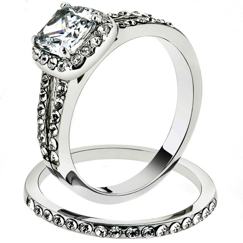 1.8 Ct Halo Princess Cut CZ Stainless Steel Wedding Ring Set