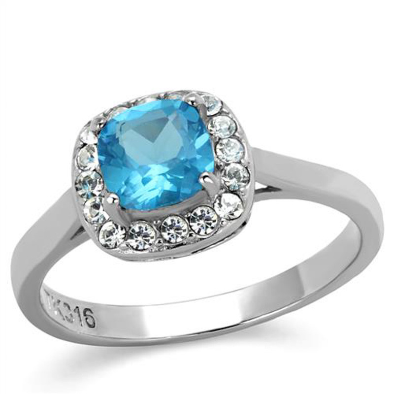 Women's .92 Ct Cushion Cut Sea Blue CZ Stainless Steel Halo Engagement Ring 5-10
