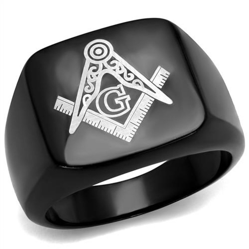 Men's Stainless Steel Black Ion Plated Masonic Lodge Freemason Ring Band Sz 8-13