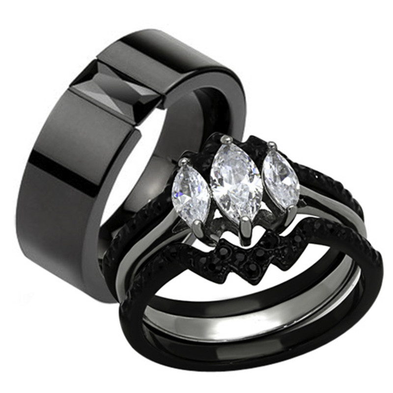 HIS HERS 4 PC BLACK ION PLATED STAINLESS STEEL WEDDING ENGAGEMENT RING BAND SET