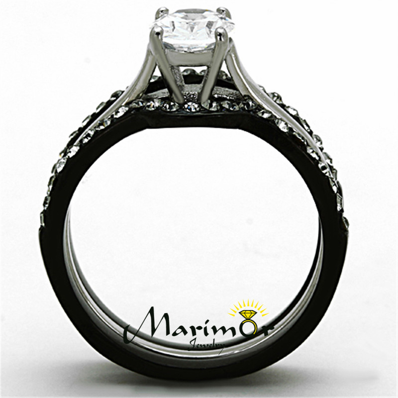 ST1344-ARTI4317 Black & Silver Stainless Steel & Titanium His & Her 4pc Wedding Ring Band Set