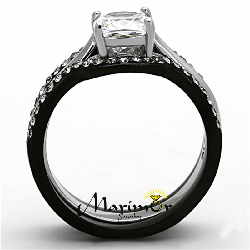 ST1343-AR003 Black Stainless Steel His & Hers 4pc Wedding Engagement Ring & Clas