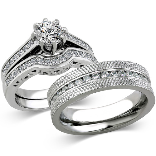 ST1330-ARCJSS485 His & Hers Stainless Steel 1.85 Ct Cz Bridal Set & Men's  Eternity Wedding Band