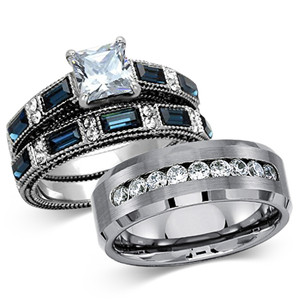 ST1829-ARCJTI486 His & Her 3pc Stainless Steel 2.60 Ct Cz Bridal Set & Mens Titanium Wedding Band