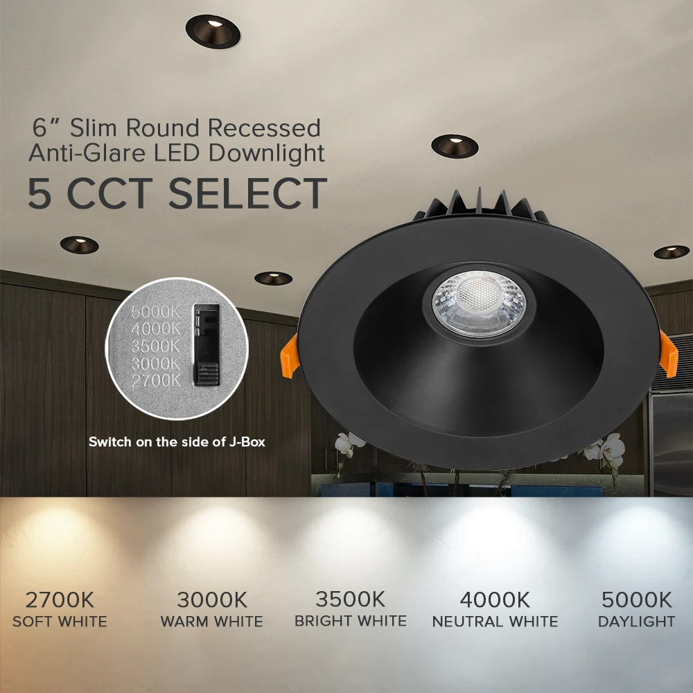 Dom6 Led 6 in. Round Canless Recessed LED Downlight Black Trim 5 CCT