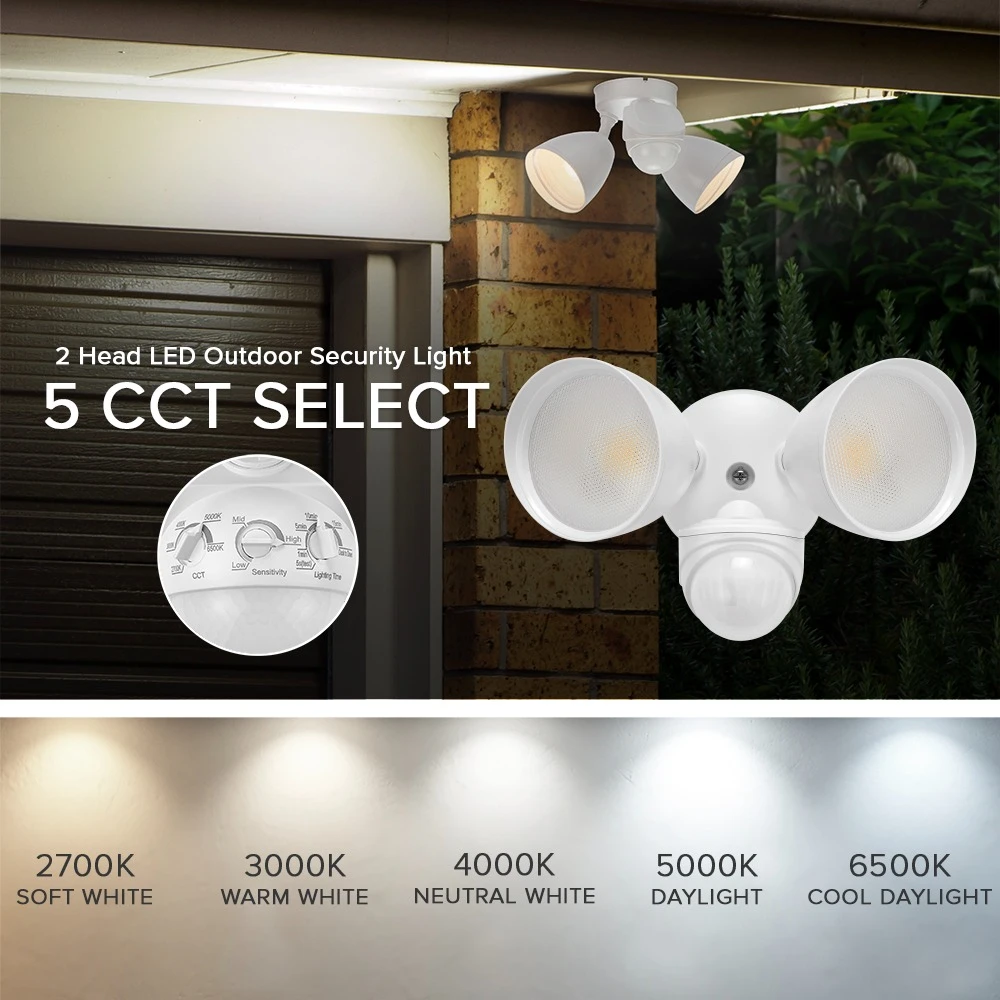 2 Head White Outdoor LED Security Light, Motion & D2D Sensor