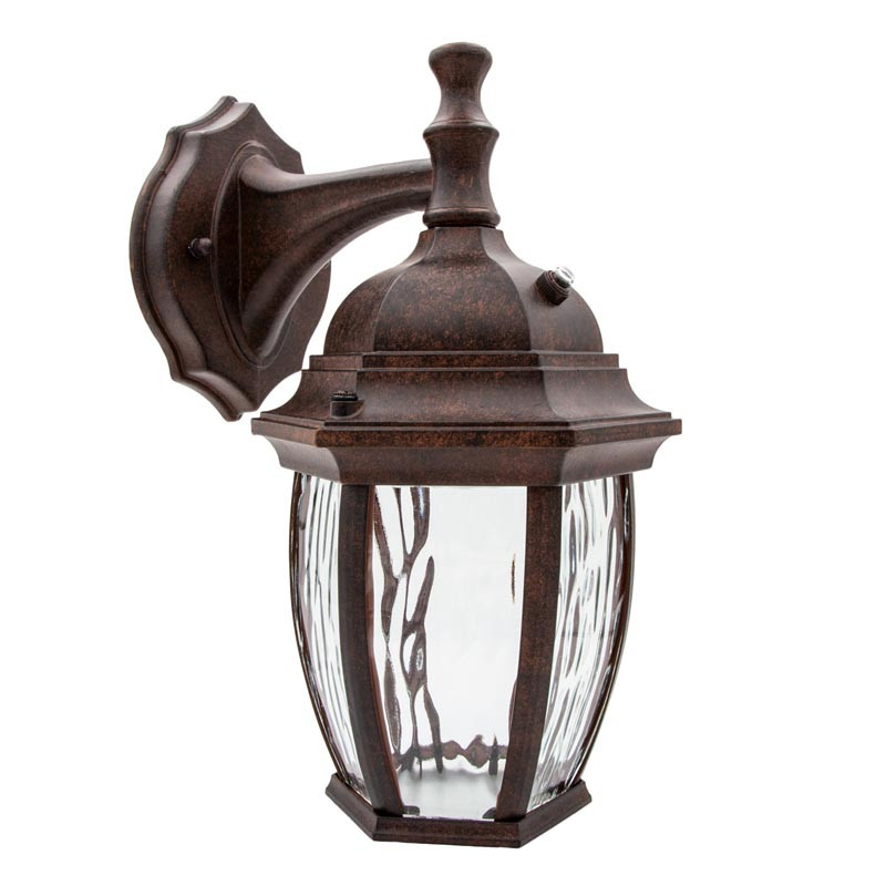 LED Outdoor Wall Light Water Glass, Photocell, Aged Bronze