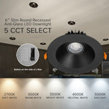6 in. Slim Round Recessed Anti-Glare LED Downlight, Black Trim, Canless IC Rated, 1200 Lumens, 5 CCT 2700K-5000K