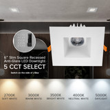 6 in. Slim Square Recessed Anti-Glare LED Downlight, White Trim, Canless IC Rated, 1300 Lumens, 5 CCT 2700K-5000K