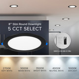 8 in. Slim Round Recessed LED Downlight, Black Trim, Canless IC Rated, 1400 Lumens, 5 CCT Color Selectable 2700K-5000K