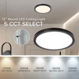 12 in. Black LED Flush Mount Ceiling Light, 5 CCT 2700K-5000K, 2200 Lumens