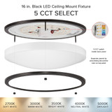 16 in. Black LED Ceiling Mount Fixture, 5 CCT 2700K-5000K, 3600 Lumens, Dimmable