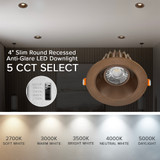 4 in. Slim Round Recessed Anti-Glare LED Downlight, Bronze Trim, Canless IC Rated, 1000 Lumens, 5 CCT 2700K-5000K