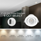 2 in. 5 CCT Adjustable LED Slim Gimbal Downlight, 400 Lumens, Color Selectable 2700K-5000K, 30° Directional Tilt