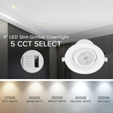 4 in. 5 CCT Adjustable LED Slim Eyeball Gimbal Downlight, 950 Lumens, Color Selectable 2700K-5000K, 360° Rotation