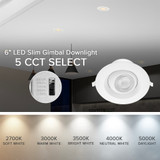 6 in. 5 CCT Adjustable LED Slim Eyeball Gimbal Downlight, 1400 Lumens, Color Selectable 2700K-5000K, 360° Rotation