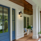 LED Motion Sensor Outdoor Wall Light, Dusk to Dawn Sensor, Black w/ Clear Water Glass, 800 Lumens, 3000K Warm White - 15 in. Height