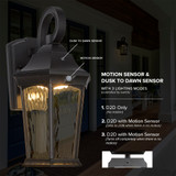 LED Motion Sensor Outdoor Wall Light, Dusk to Dawn Sensor, Black w/ Clear Water Glass, 800 Lumens, 3000K Warm White - 15 in. Height