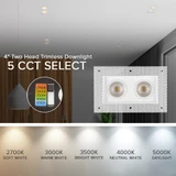 4 in. 2 Head Trimless LED Slim Square Recessed Anti-Glare Gimbal Downlight, White, Canless IC Rated, 2000 Lumens, 5 CCT 2700K-5000K