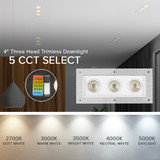 4 in. 3 Head Trimless LED Slim Square Recessed Anti-Glare Gimbal Downlight, White, Canless IC Rated, 3000 Lumens, 5 CCT 2700K-5000K