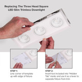4 in. 3 Head Trimless LED Slim Square Recessed Anti-Glare Gimbal Downlight, White, Canless IC Rated, 3000 Lumens, 5 CCT 2700K-5000K