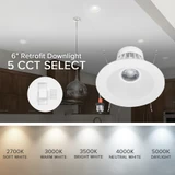 5 in. & 6 in. Retrofit Round Recessed Anti-Glare LED Downlight, White Trim, 1300 Lumens, 5 CCT 2700K-5000K