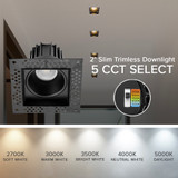 2 in. Trimless Slim Square Recessed Anti-Glare LED Downlight, Black, Canless IC Rated, 600 Lumens, 5 CCT 2700K-5000K