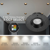 4 in. Trimless Slim Round Recessed Anti-Glare LED Downlight, Black, Canless IC Rated, 1000 Lumens, 5 CCT 2700K-5000K