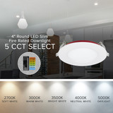 4 in. 2 Hour Fire Rated Slim Recessed LED Downlight, Canless IC Rated, 800 Lumens, 5 CCT Color Selectable 2700K-5000K