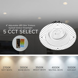 4 in. 5 CCT Adjustable LED Slim Trimless Eyeball Gimbal Downlight, 950 Lumens, Color Selectable 2700K-5000K, 360° Rotation