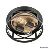 11 in. 2-Light Indoor / Outdoor Flush Mount Ceiling Light, Round Black w/ Wood Grain Farmhouse Fixture, Bulbs Not Included