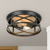 11 in. 2-Light Indoor / Outdoor Flush Mount Ceiling Light, Round Black w/ Wood Grain Farmhouse Fixture, Bulbs Not Included