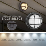 LED Outdoor Bulkhead Light, 800 Lumens, 6 CCT 2700K-6500K, Black Round Flush Mount Fixture for Wall or Ceiling